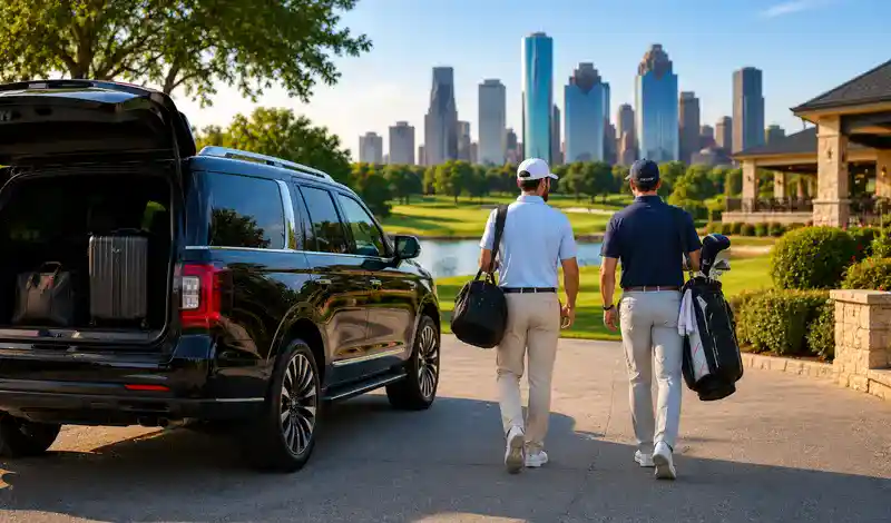 Golfers arriving at a Houston golf resort with luxury transportation, premium accommodations, and championship golf courses.